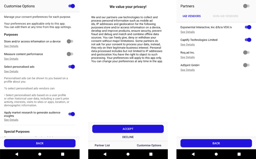 GDPR sample screens